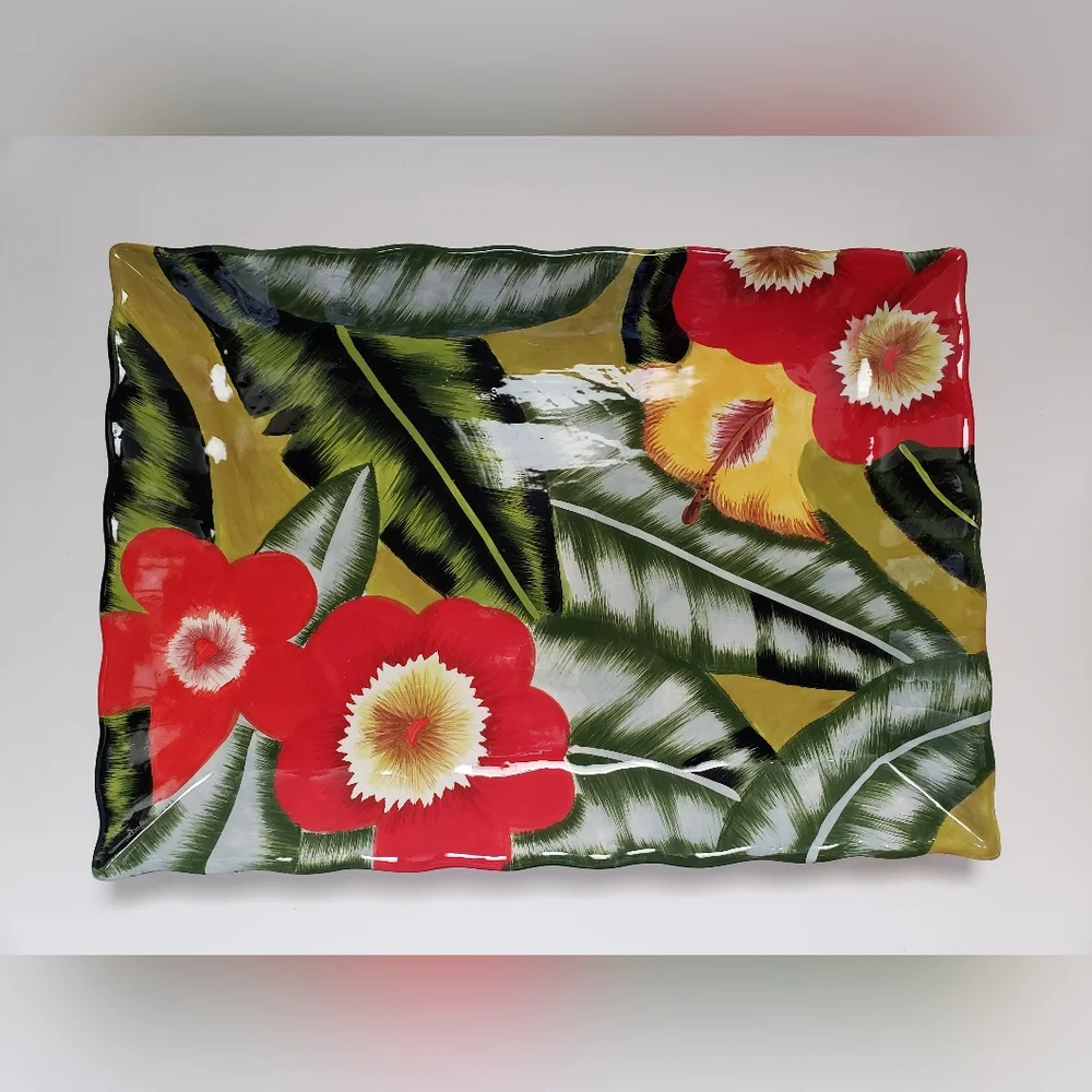 NWOT Ceramic Platter Plate Tray by Jay Import Painted Flower Large 18.5” X 13”